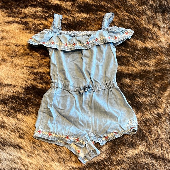 Lucky Brand Kids denim romper with cold shoulder and embroidery detail. - Picture 1 of 5